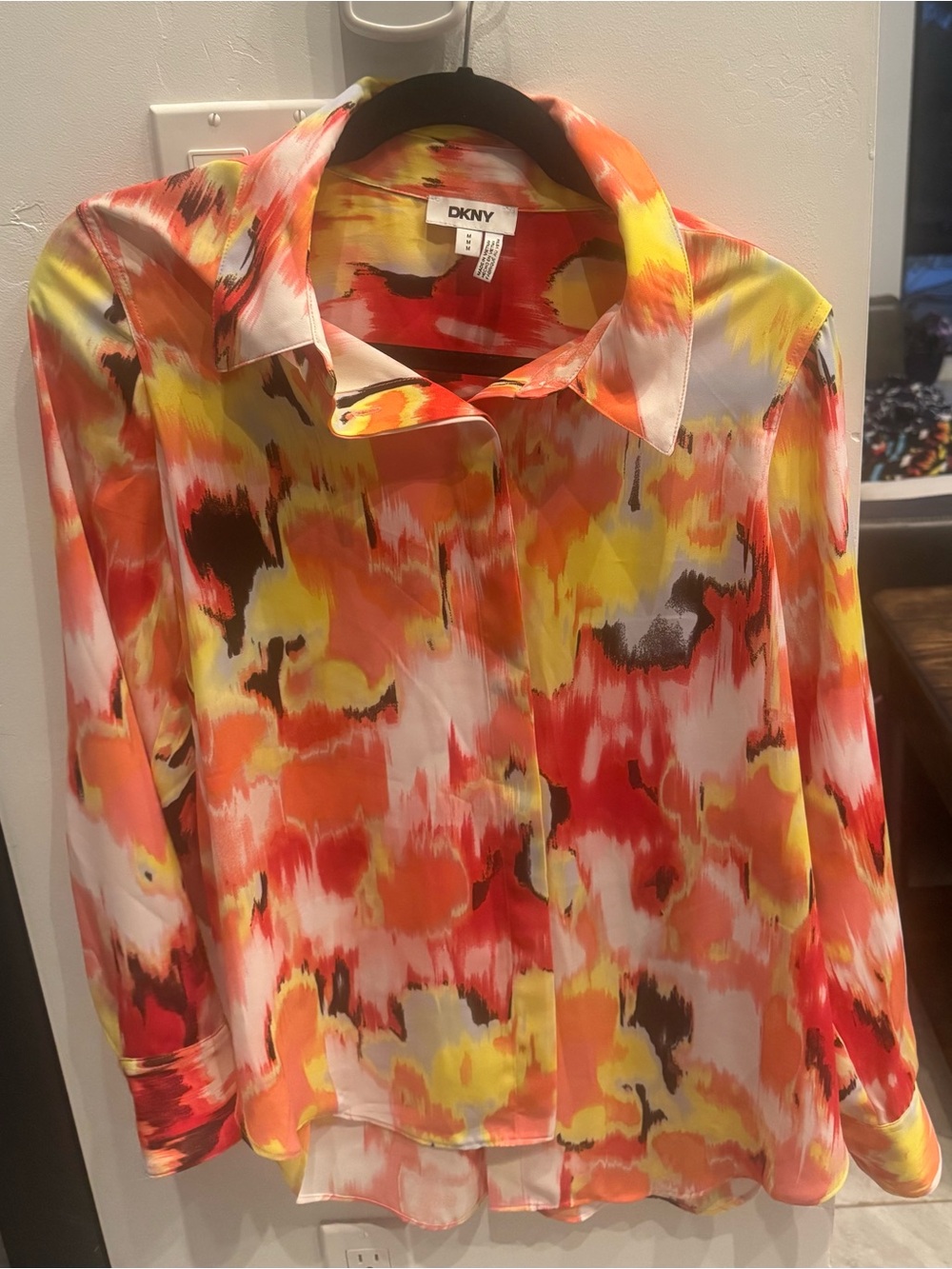 DKNY Watercolor Print Button-Up in Red, Orange & Yellow